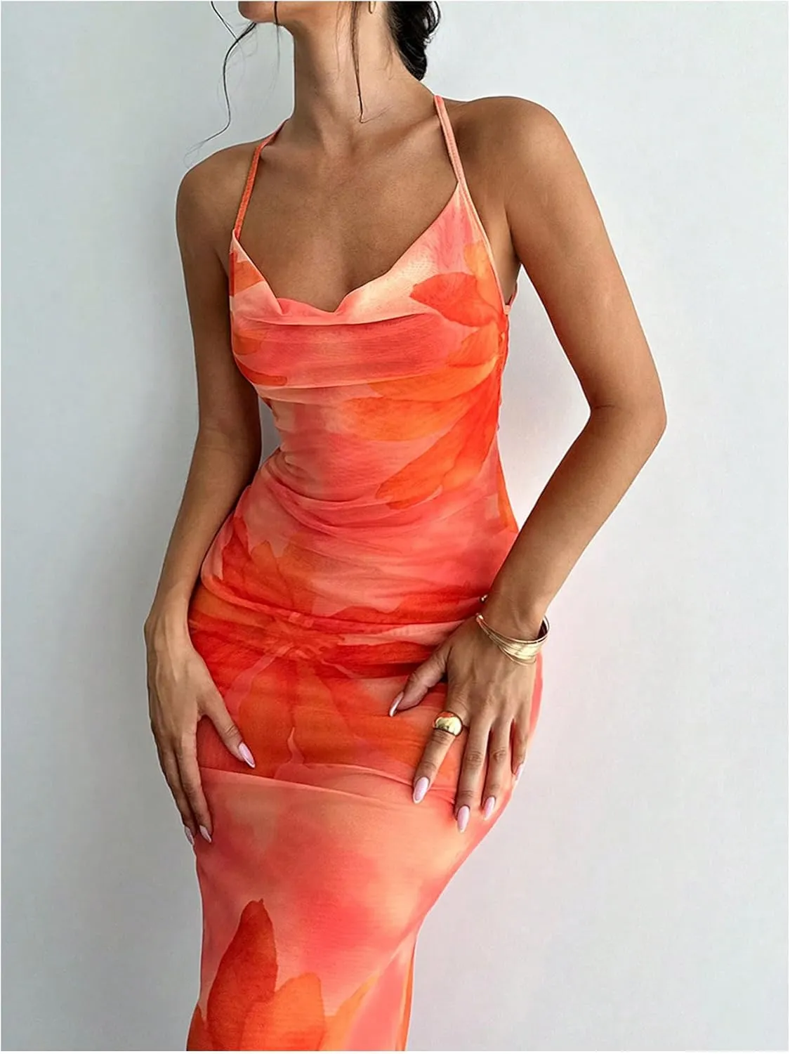 GORGLITTER Women's Floral Mesh Bodycon Fishtail Maxi Dresses Open Back Bow Tie Birthday Wedding Guest Dinner Long Dress