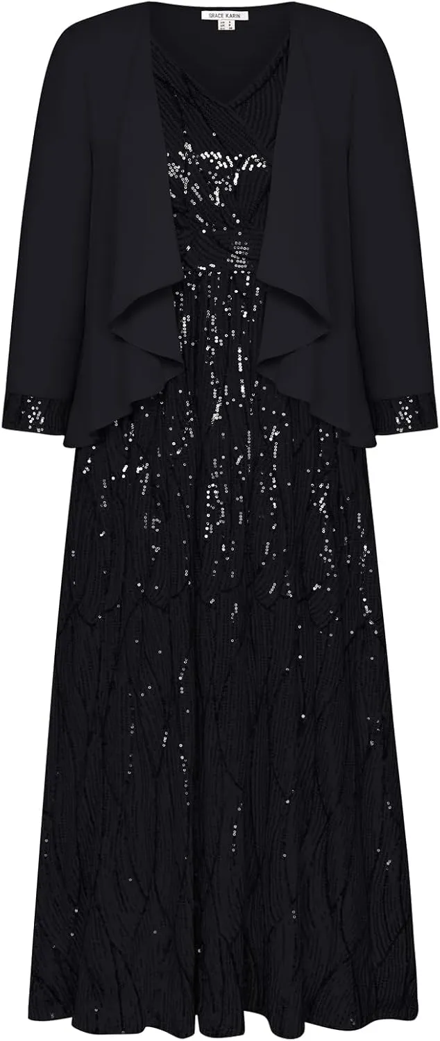 GRACE KARIN 2024 Women's Two Piece Sequin Dress with Jacket Mother of The Bride Dresses Homecoming Wedding Guest Dresses