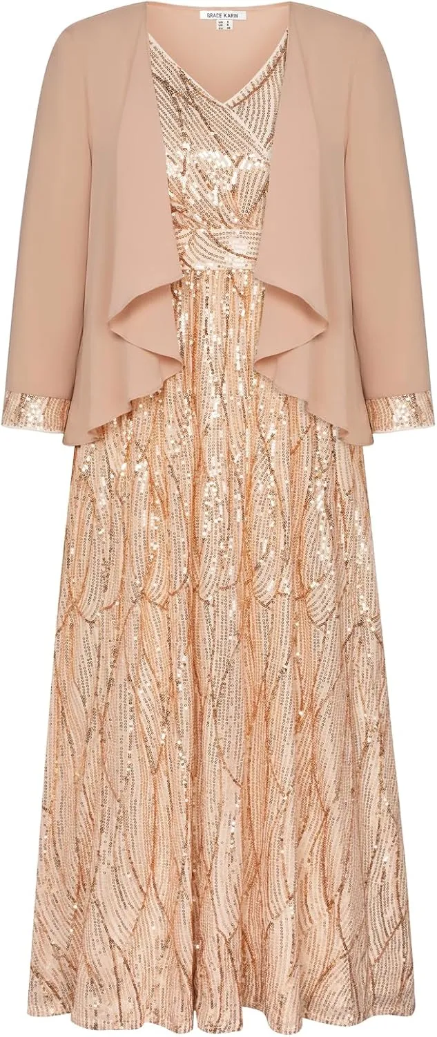 GRACE KARIN 2024 Women's Two Piece Sequin Dress with Jacket Mother of The Bride Dresses Homecoming Wedding Guest Dresses