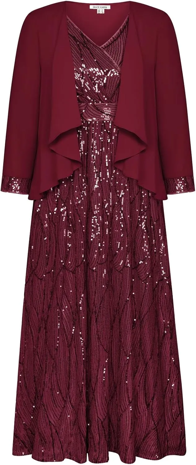 GRACE KARIN 2024 Women's Two Piece Sequin Dress with Jacket Mother of The Bride Dresses Homecoming Wedding Guest Dresses