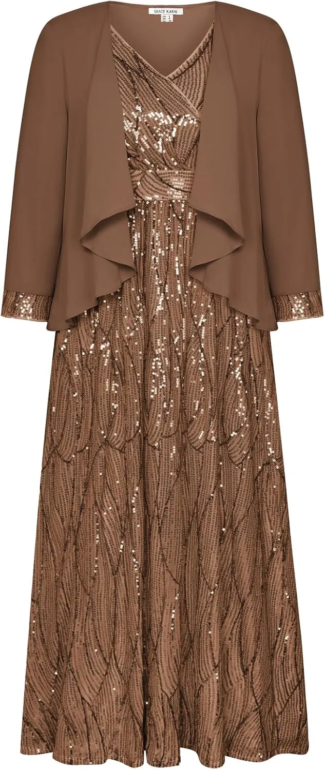 GRACE KARIN 2024 Women's Two Piece Sequin Dress with Jacket Mother of The Bride Dresses Homecoming Wedding Guest Dresses