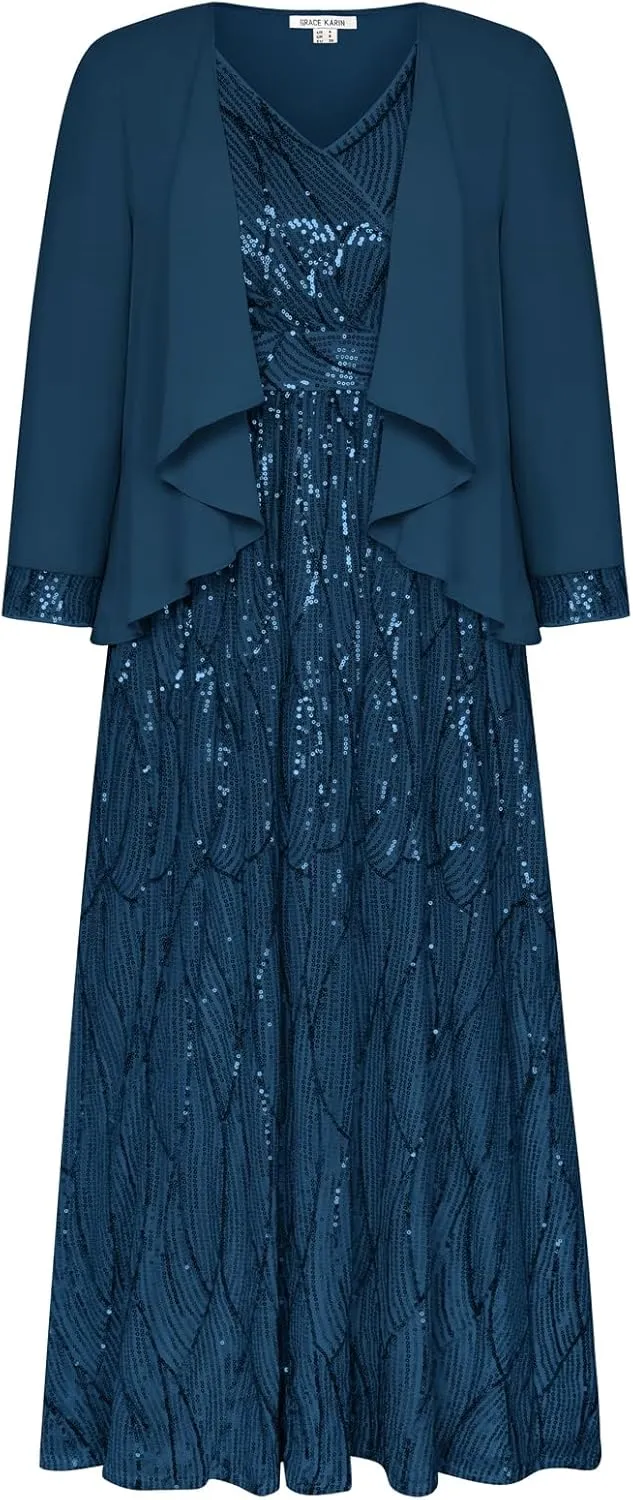 GRACE KARIN 2024 Women's Two Piece Sequin Dress with Jacket Mother of The Bride Dresses Homecoming Wedding Guest Dresses