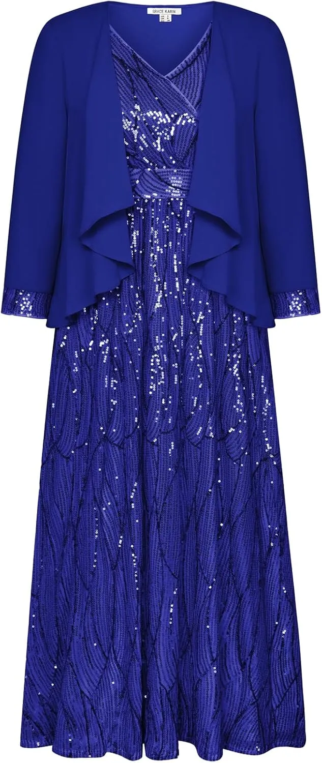 GRACE KARIN 2024 Women's Two Piece Sequin Dress with Jacket Mother of The Bride Dresses Homecoming Wedding Guest Dresses