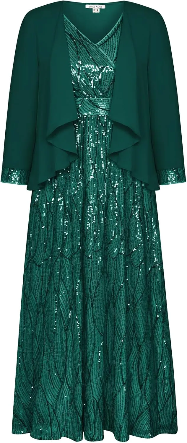 GRACE KARIN 2024 Women's Two Piece Sequin Dress with Jacket Mother of The Bride Dresses Homecoming Wedding Guest Dresses