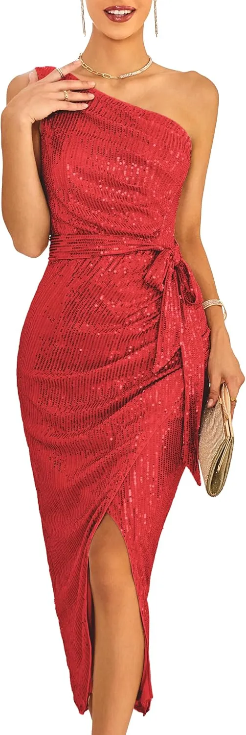 GRACE KARIN Women Sleeveless One Shoulder Sequin Dress Sparkly Glitter Wrap Dress Cocktail Wedding Maxi Dresses with Slit