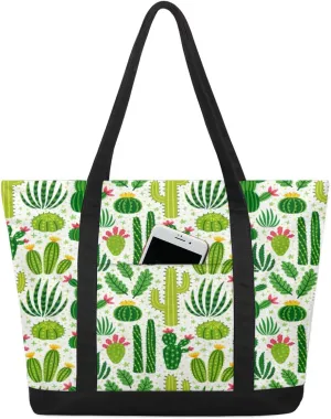 Green Prickly Pear Tote Bag for Women Work Canvas Travel Tote Bags with Zipper Large Capacity Casual Handbag with Inner Pockets Reusable Shopping Shoulder Bag for Teacher Nurse
