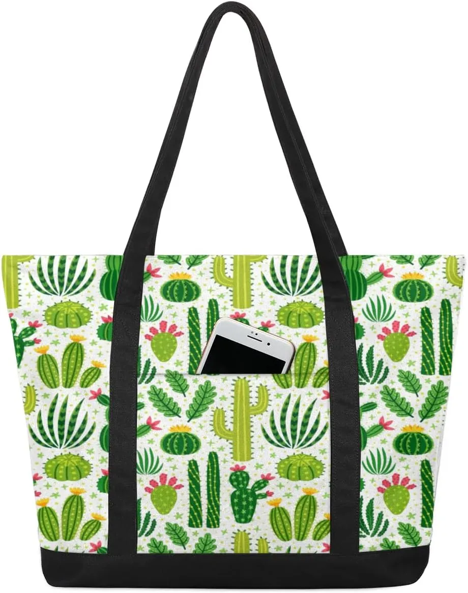 Green Prickly Pear Tote Bag for Women Work Canvas Travel Tote Bags with Zipper Large Capacity Casual Handbag with Inner Pockets Reusable Shopping Shoulder Bag for Teacher Nurse