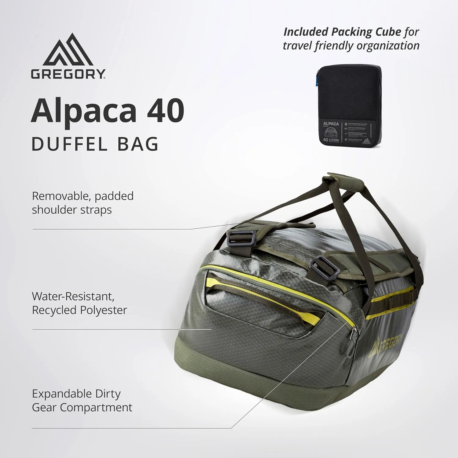 Gregory Alpaca 40L Water-Resistant Adventure Travel/Gear Organization Duffel Bag with Packing Cube Included, Mirage Tan