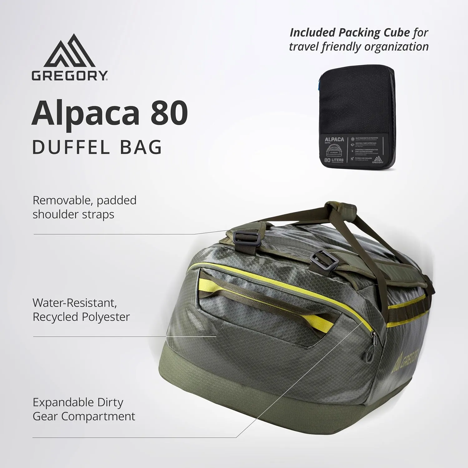 Gregory Alpaca 80L Water-Resistant Adventure Travel/Gear Organization Duffel Bag with Packing Cube Included, Obsidian Black