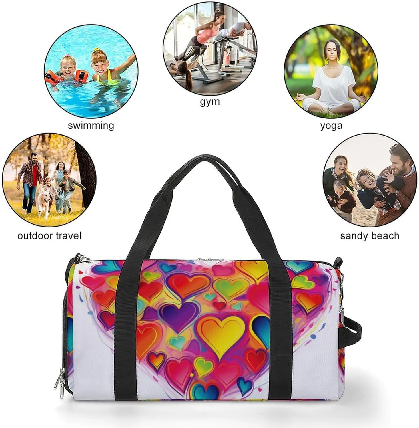 Gym Bag Colourful Heart Duffel Bag for Men Women Overnight Bag with Shoe Compartment Workout Bags