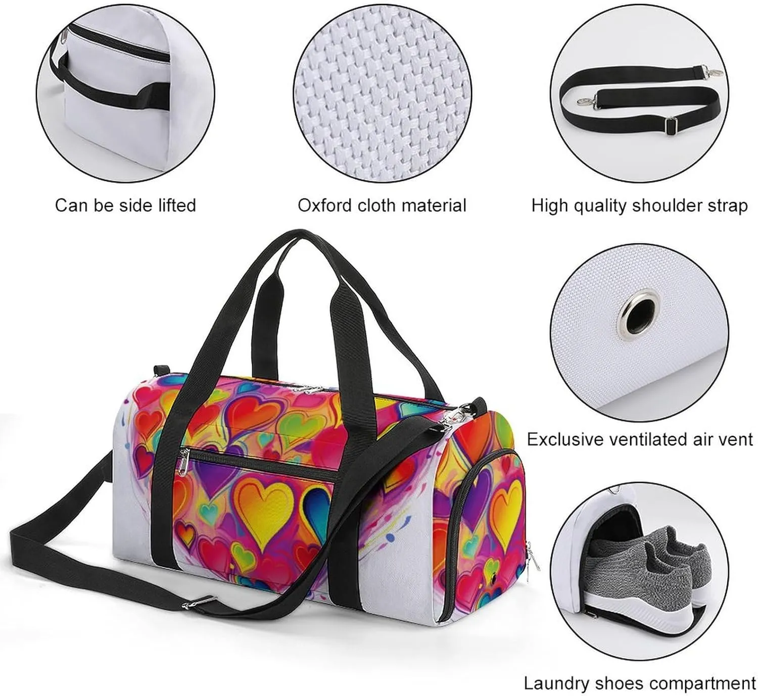 Gym Bag Colourful Heart Duffel Bag for Men Women Overnight Bag with Shoe Compartment Workout Bags