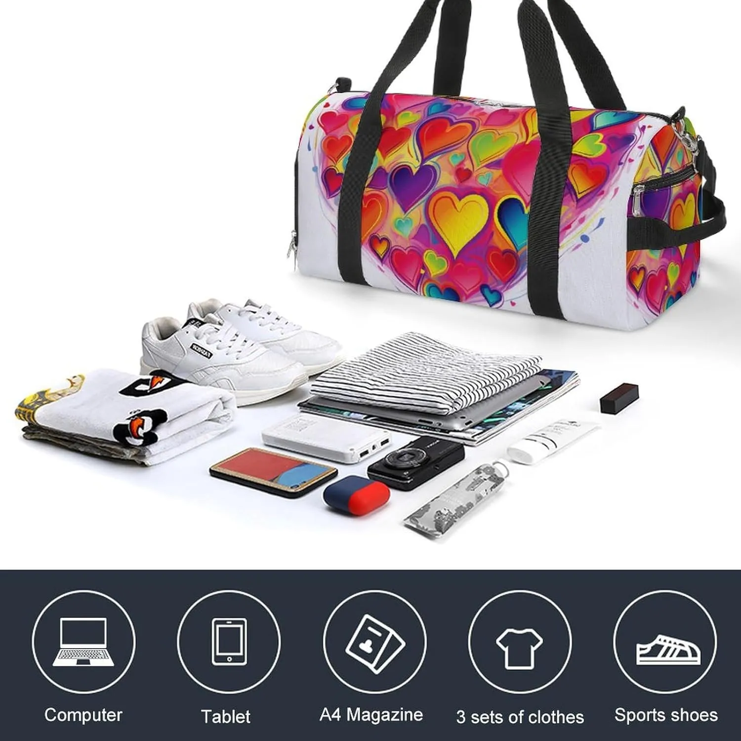 Gym Bag Colourful Heart Duffel Bag for Men Women Overnight Bag with Shoe Compartment Workout Bags