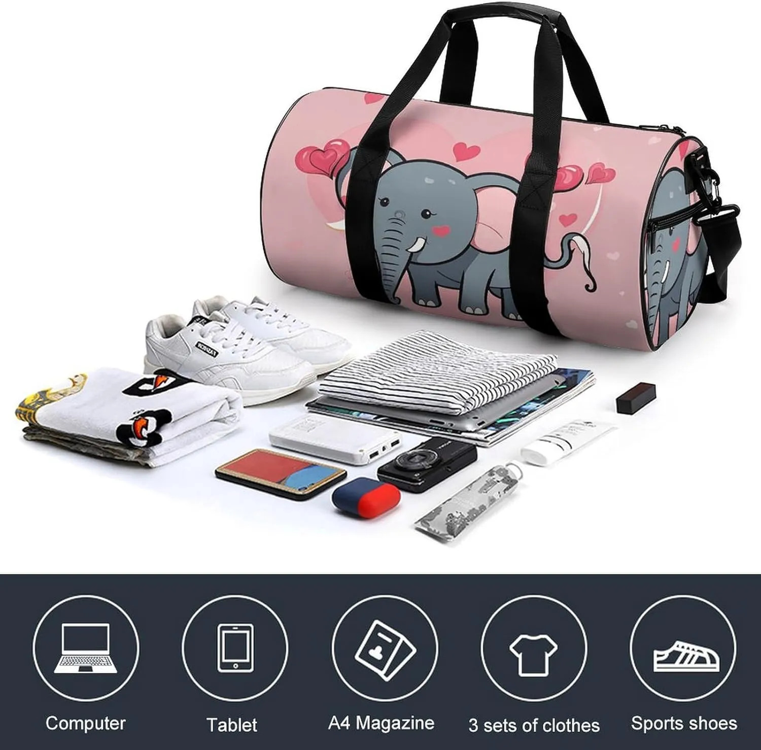 Gym Bag for Men Women Monochrome Heart Tail Doodle Style Duffel Bag Overnight Bag with Compartment Gym Sackpac