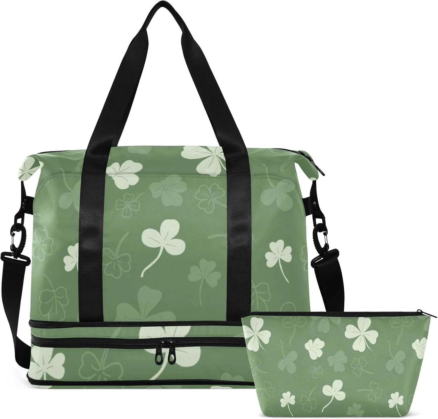 Gym Bag for Women Duffel Bags for Traveling Sports Bag with Shoe Compartment Dual Handles Removable Strap Multi Pockets Large Capacity Fashionable Green Clover