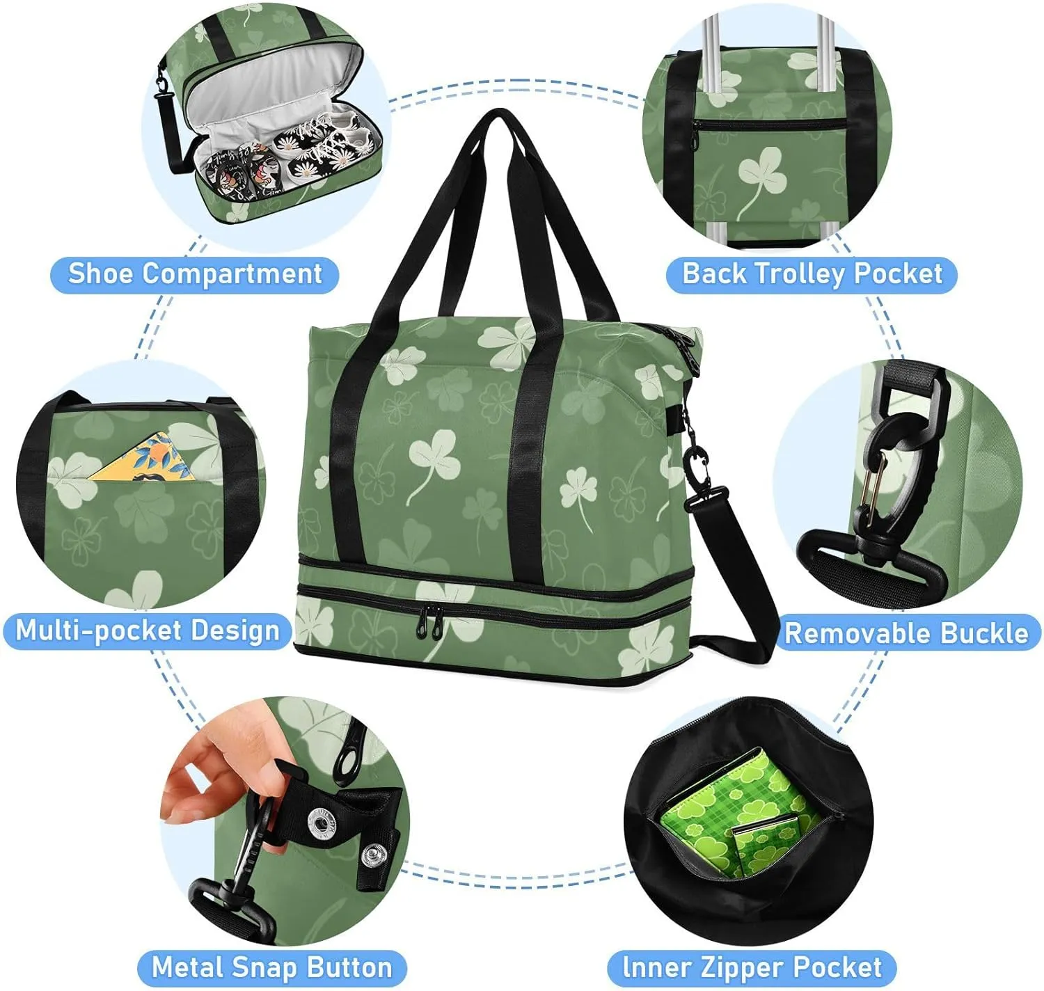 Gym Bag for Women Duffel Bags for Traveling Sports Bag with Shoe Compartment Dual Handles Removable Strap Multi Pockets Large Capacity Fashionable Green Clover