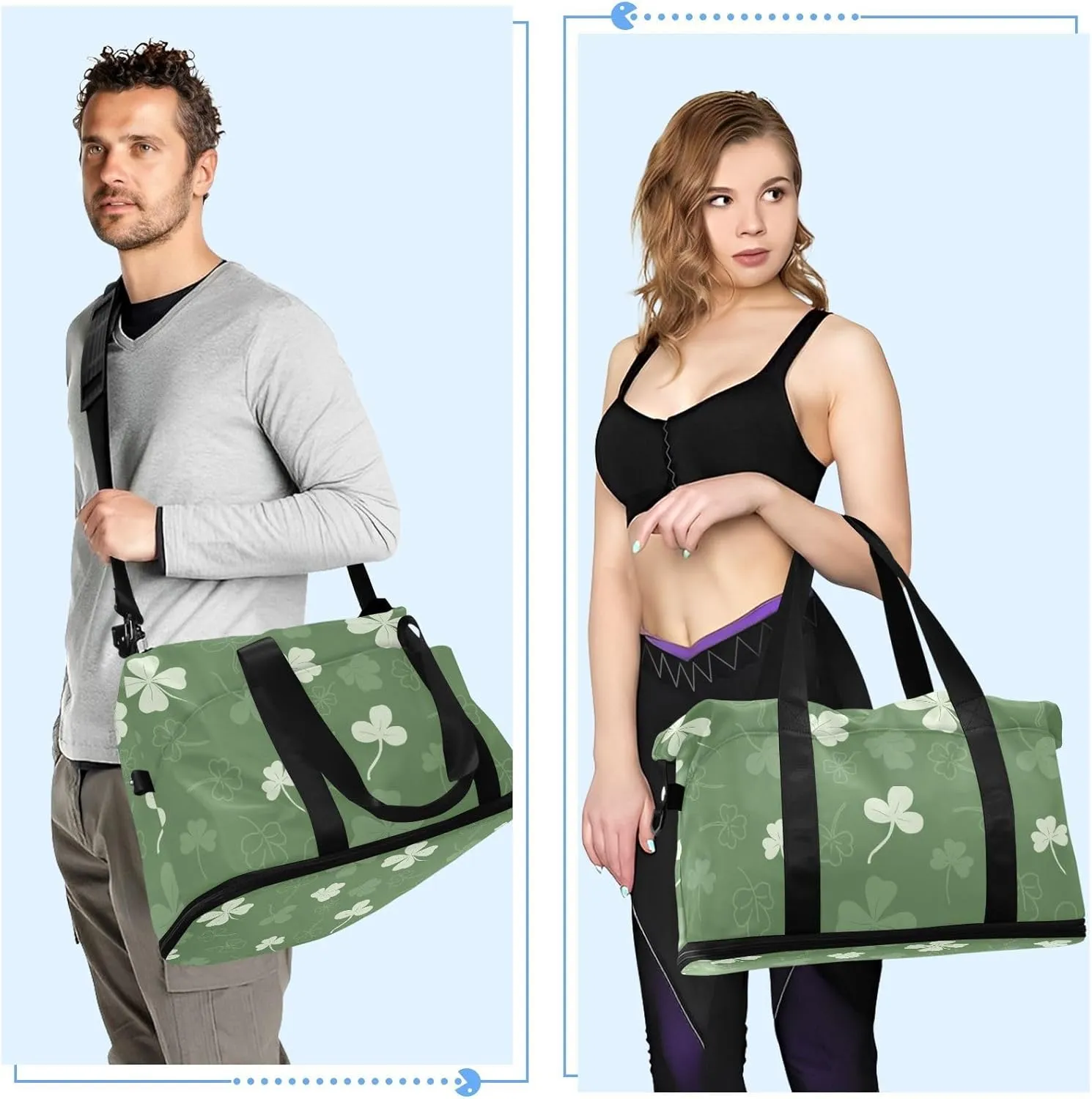 Gym Bag for Women Duffel Bags for Traveling Sports Bag with Shoe Compartment Dual Handles Removable Strap Multi Pockets Large Capacity Fashionable Green Clover