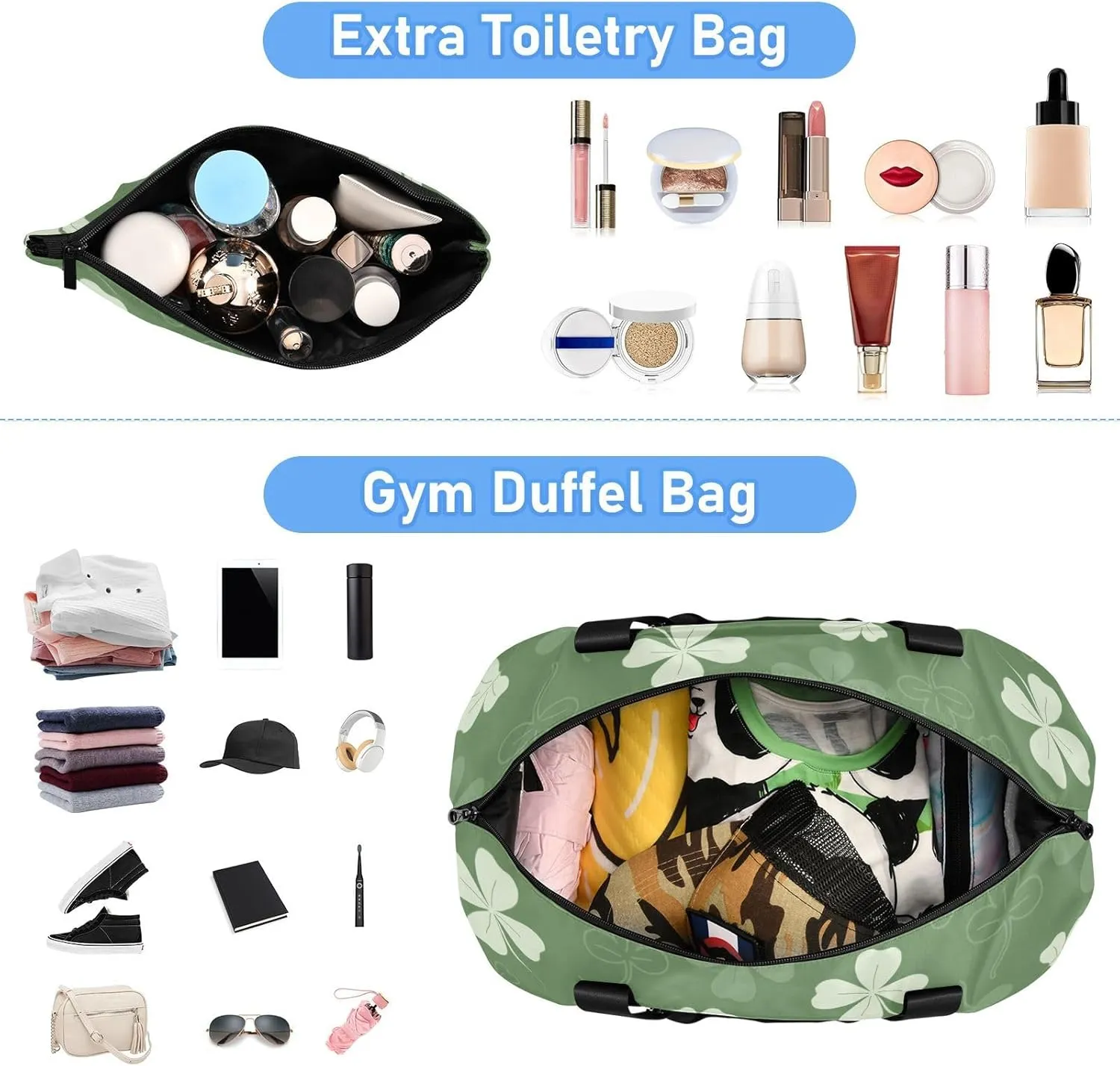 Gym Bag for Women Duffel Bags for Traveling Sports Bag with Shoe Compartment Dual Handles Removable Strap Multi Pockets Large Capacity Fashionable Green Clover