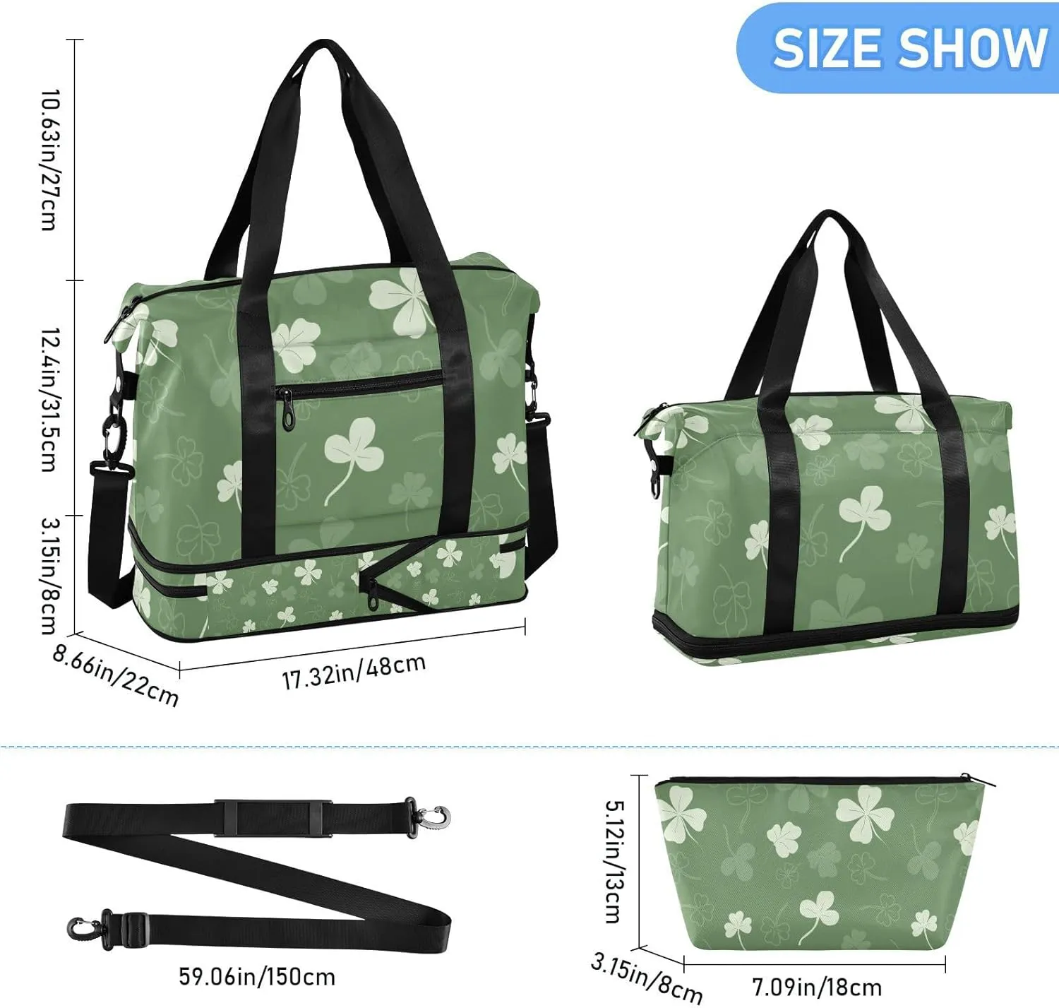 Gym Bag for Women Duffel Bags for Traveling Sports Bag with Shoe Compartment Dual Handles Removable Strap Multi Pockets Large Capacity Fashionable Green Clover