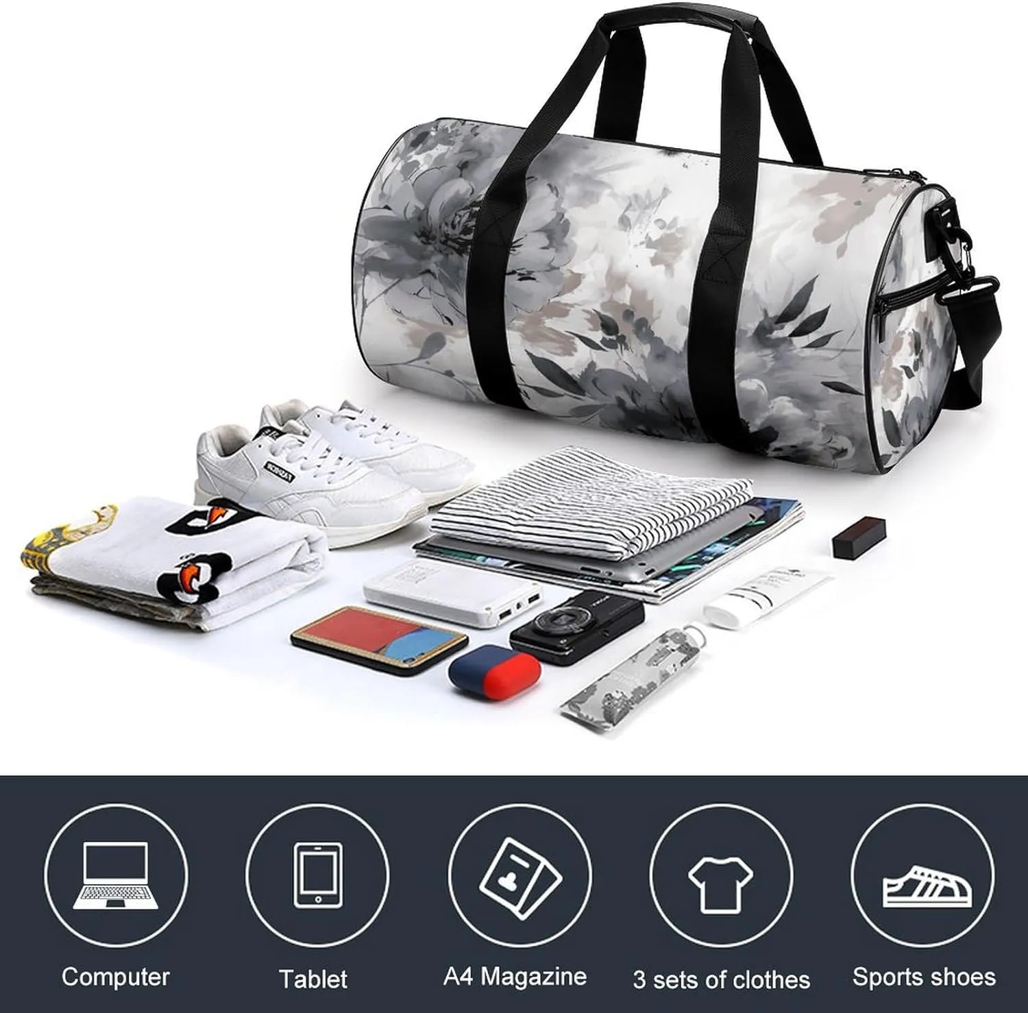 Gym Bag Hand Drawn Ink Painting Duffel Bag for Men Women Overnight Bag with Shoe Compartment Workout Bags