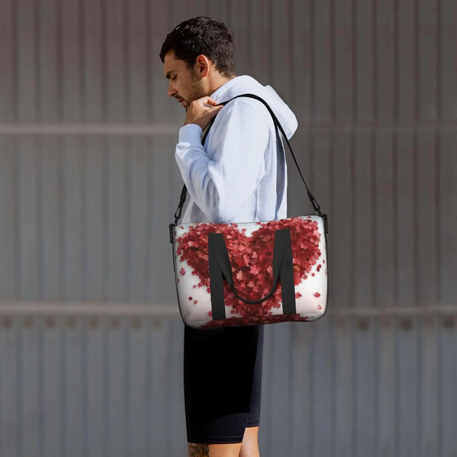 Gym Bag Maple Leaves Heart Duffel Bag for Men Women Travel Overnight Bag with Shoe Compartment Workout Bags
