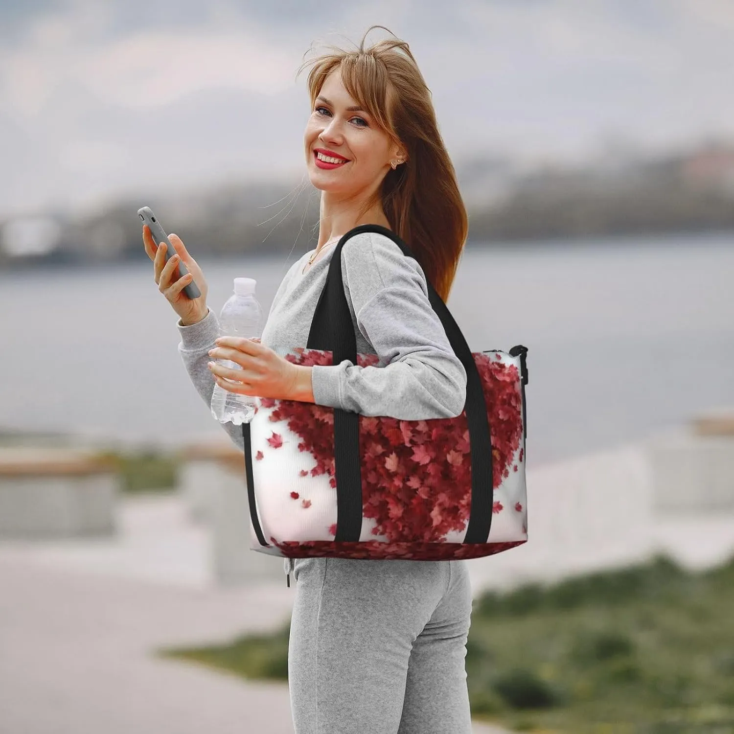 Gym Bag Maple Leaves Heart Duffel Bag for Men Women Travel Overnight Bag with Shoe Compartment Workout Bags