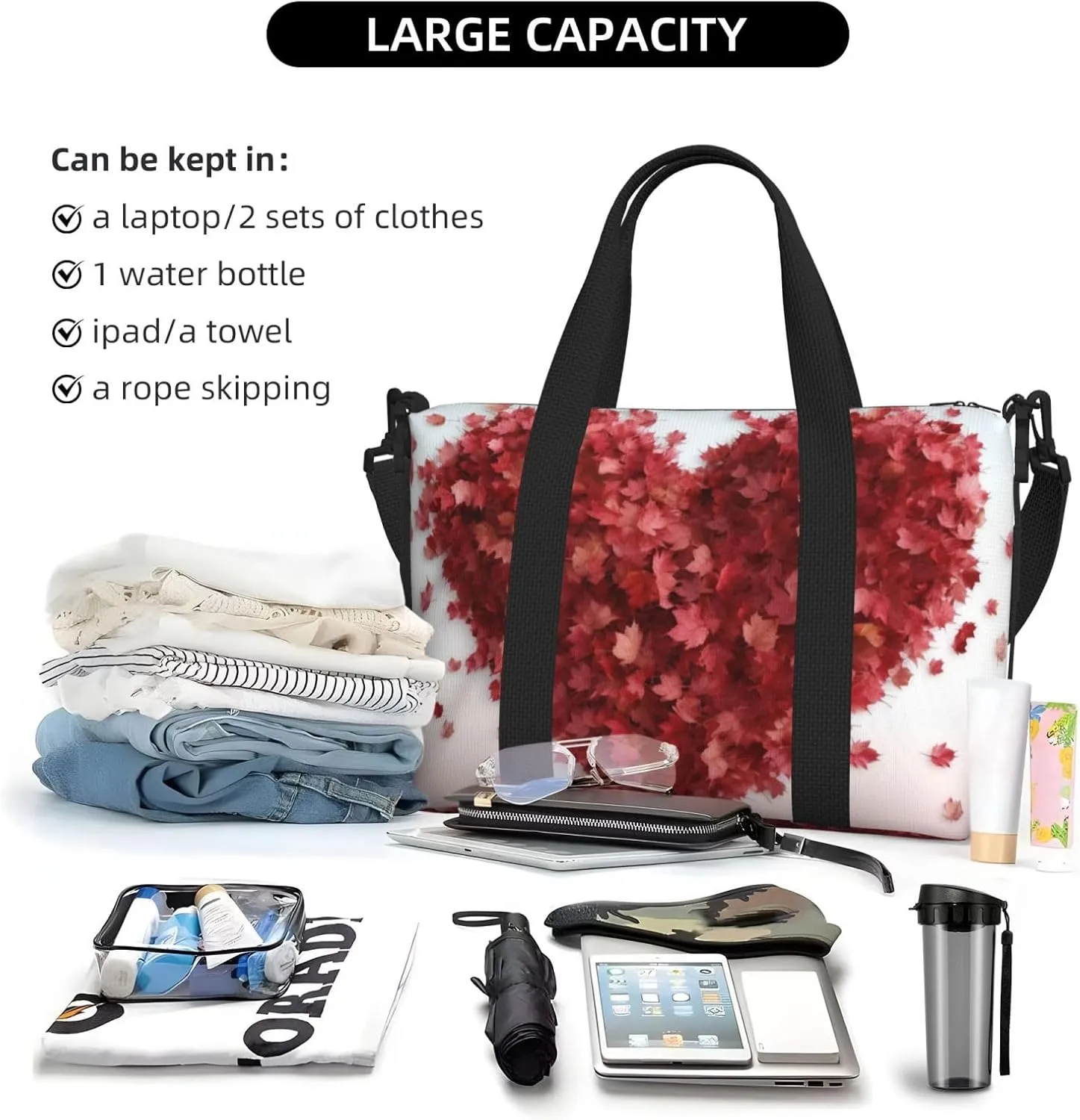 Gym Bag Maple Leaves Heart Duffel Bag for Men Women Travel Overnight Bag with Shoe Compartment Workout Bags