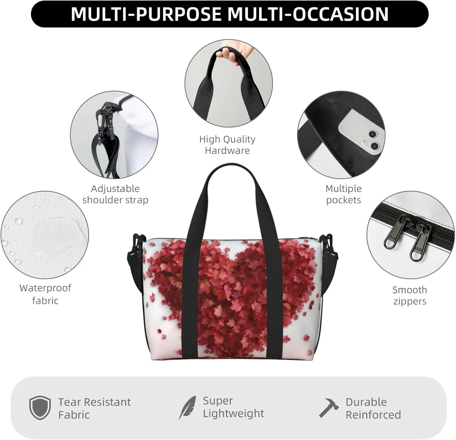 Gym Bag Maple Leaves Heart Duffel Bag for Men Women Travel Overnight Bag with Shoe Compartment Workout Bags