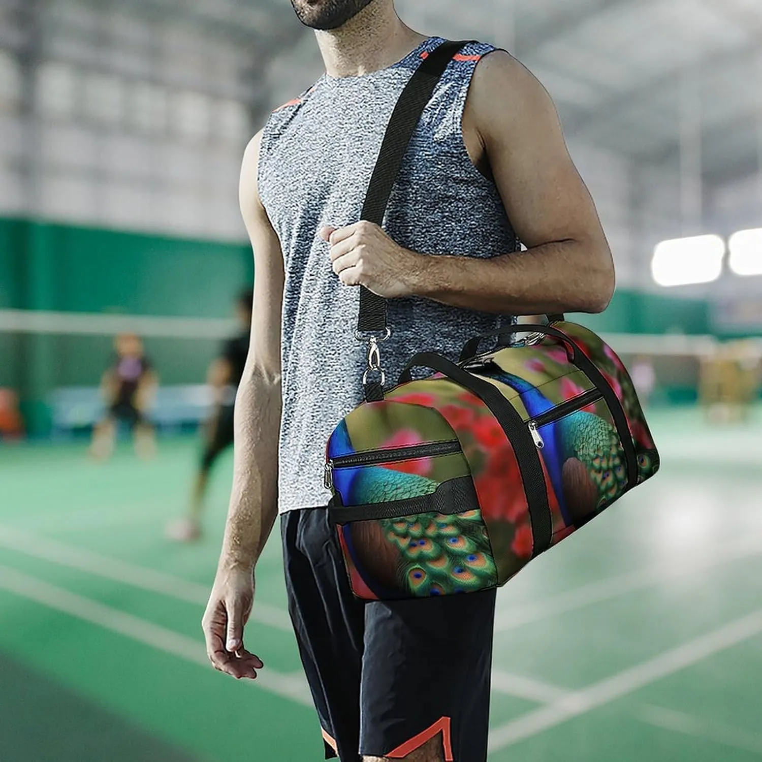 Gym Bag Peacock Flowers Duffel Bag for Men Women Overnight Bag with Shoe Compartment Workout Bags