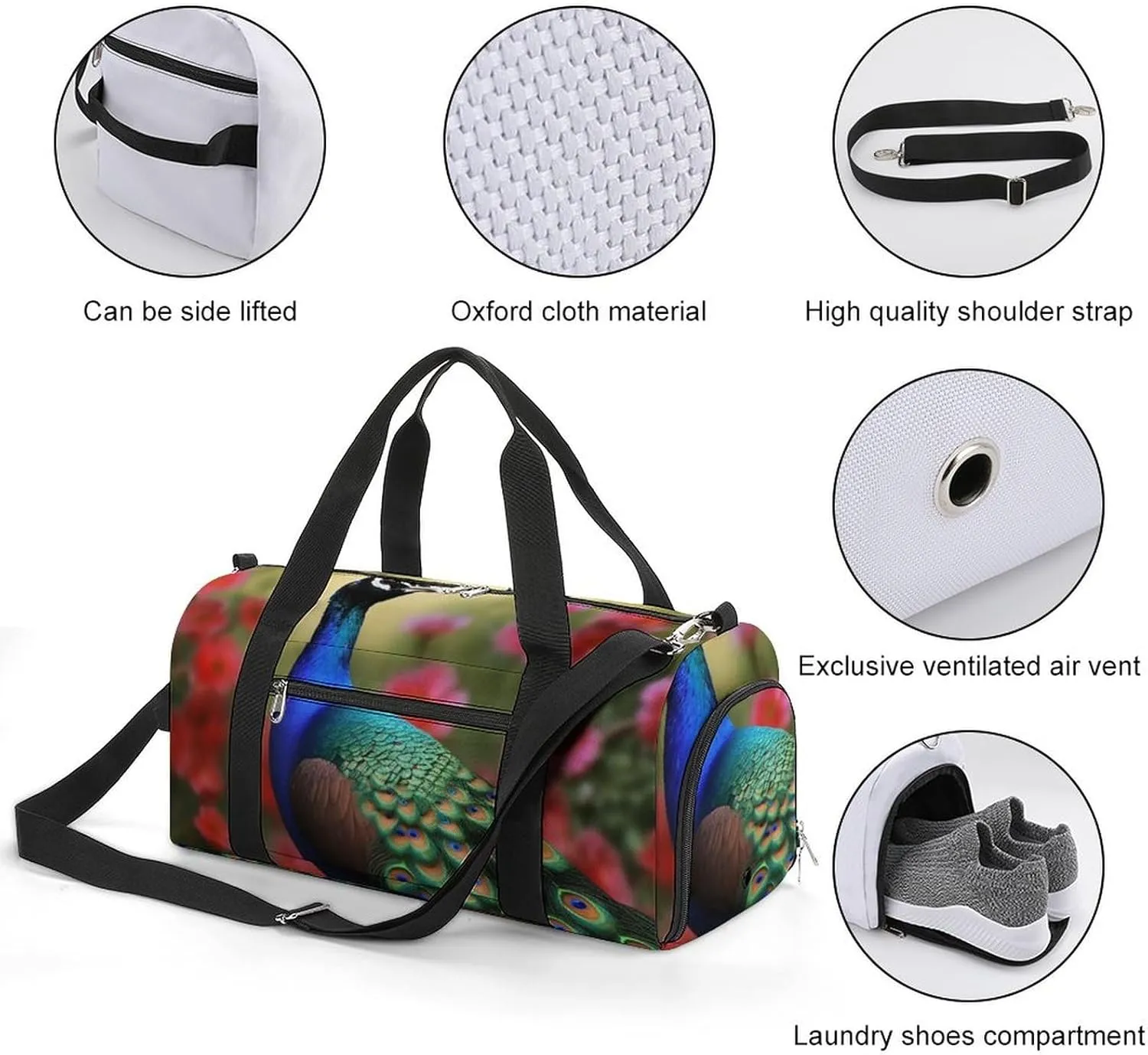 Gym Bag Peacock Flowers Duffel Bag for Men Women Overnight Bag with Shoe Compartment Workout Bags