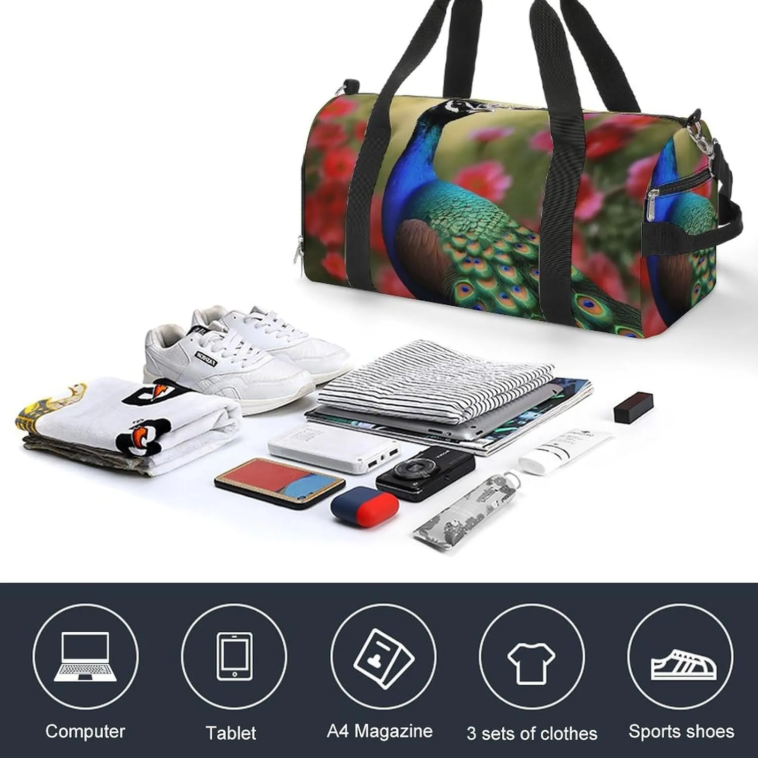 Gym Bag Peacock Flowers Duffel Bag for Men Women Overnight Bag with Shoe Compartment Workout Bags