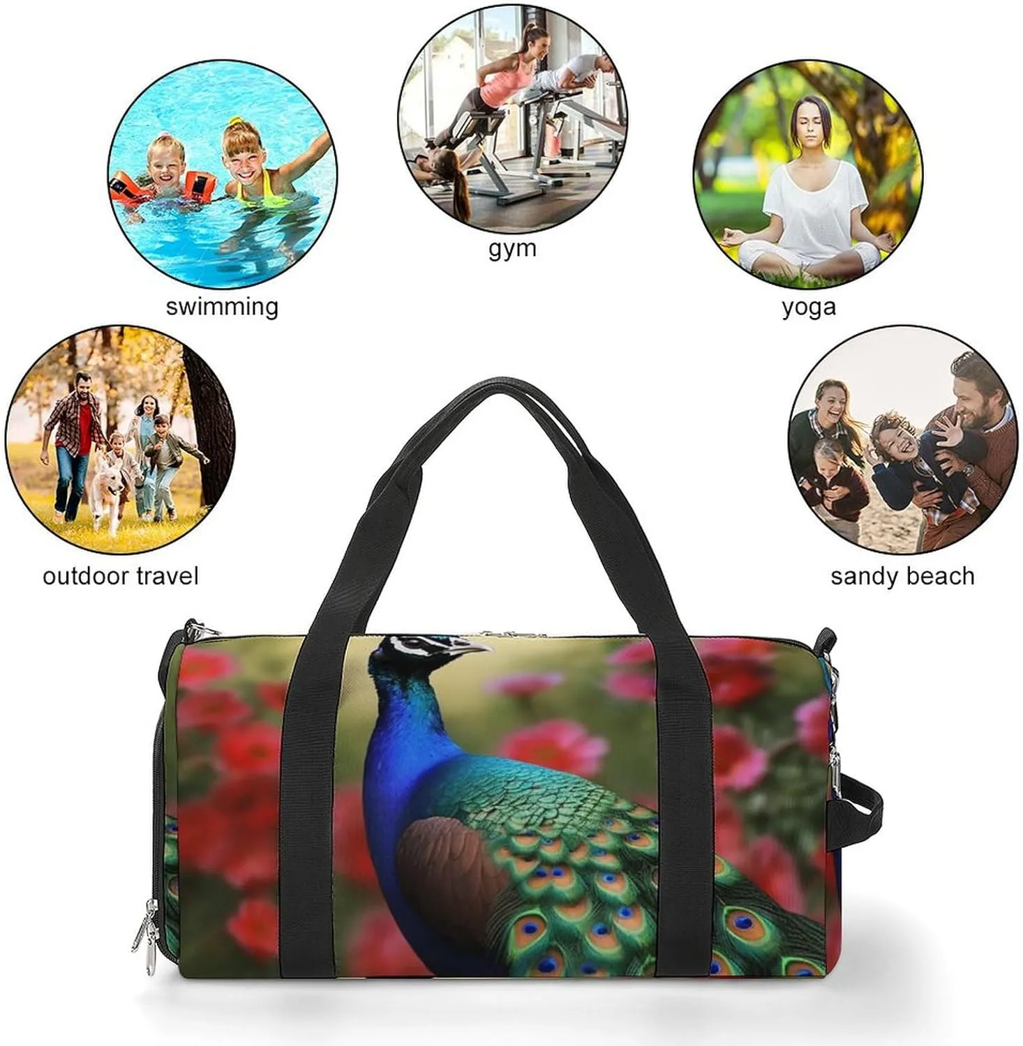 Gym Bag Peacock Flowers Duffel Bag for Men Women Overnight Bag with Shoe Compartment Workout Bags