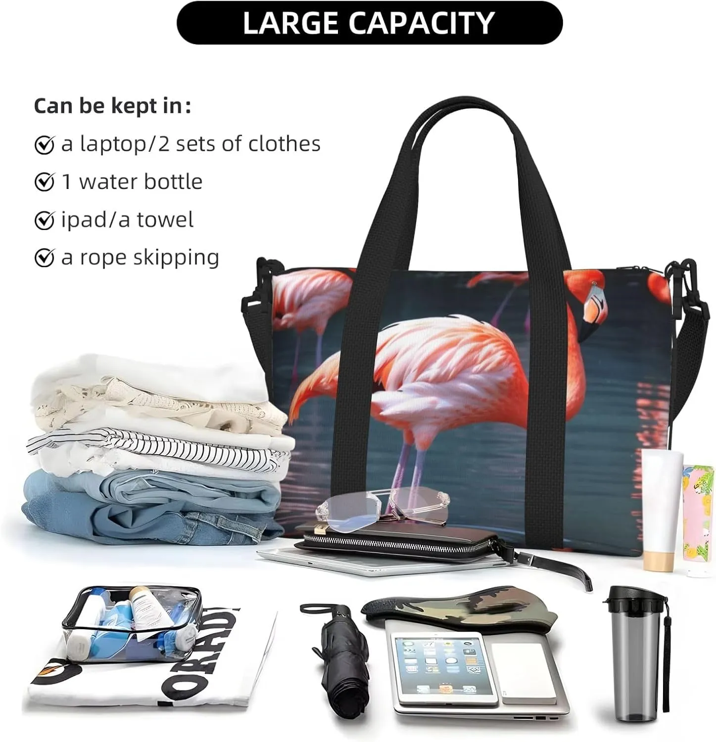 Gym Bag Pink Flamingo Duffel Bag for Men Women Travel Overnight Bag with Shoe Compartment Workout Bags