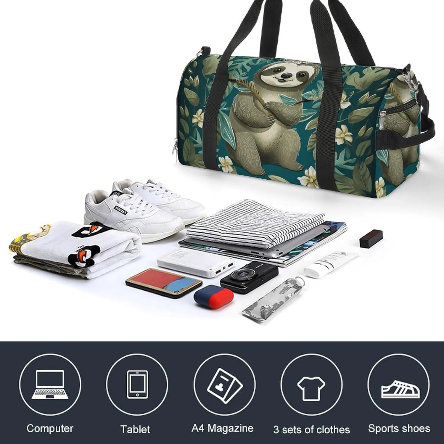 Gym Bags for Men Women Adorable Sloth Duffle Bag Travel Overnight Bag with Shoe Compartment Tote Bags