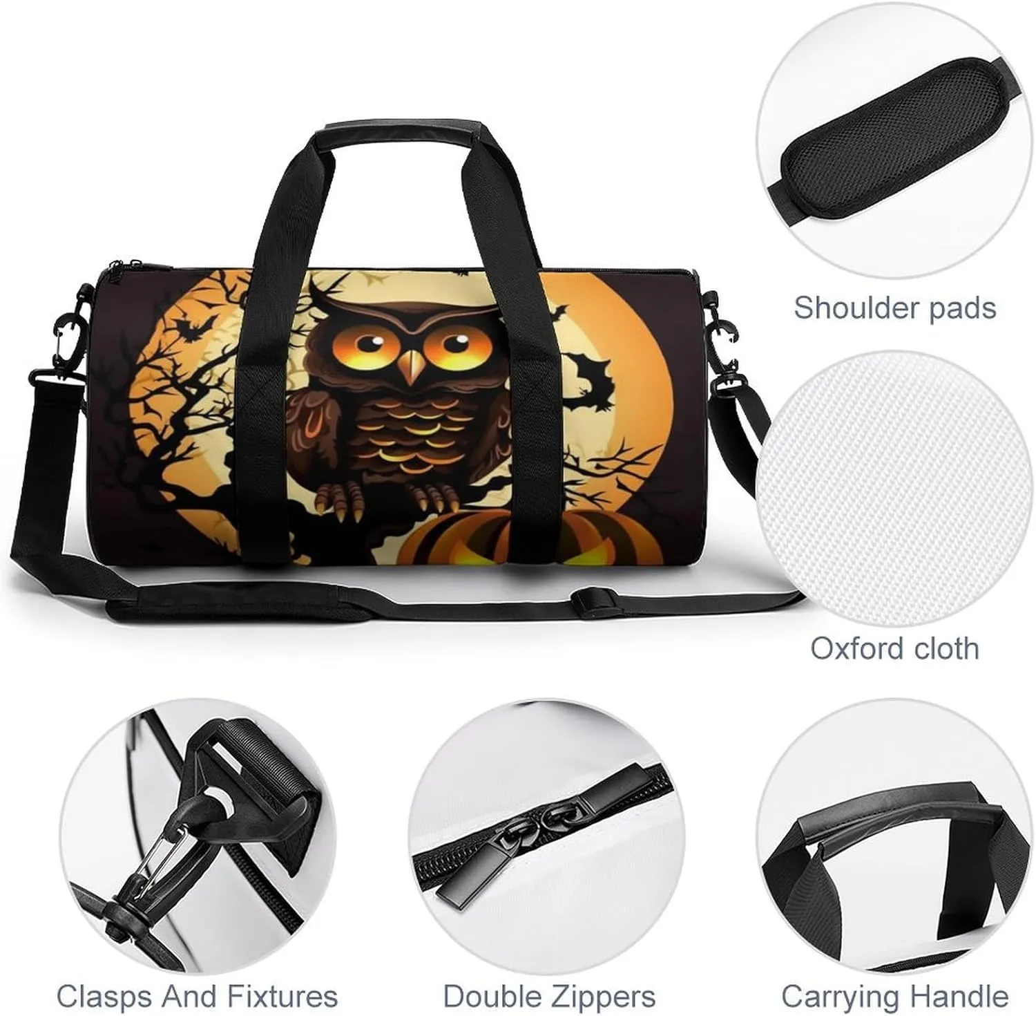 Gym Bags for Men Women Black Tree Owl Pumpkin Head Duffle Bag Travel Overnight Bag with Shoe Compartment Tote Bags