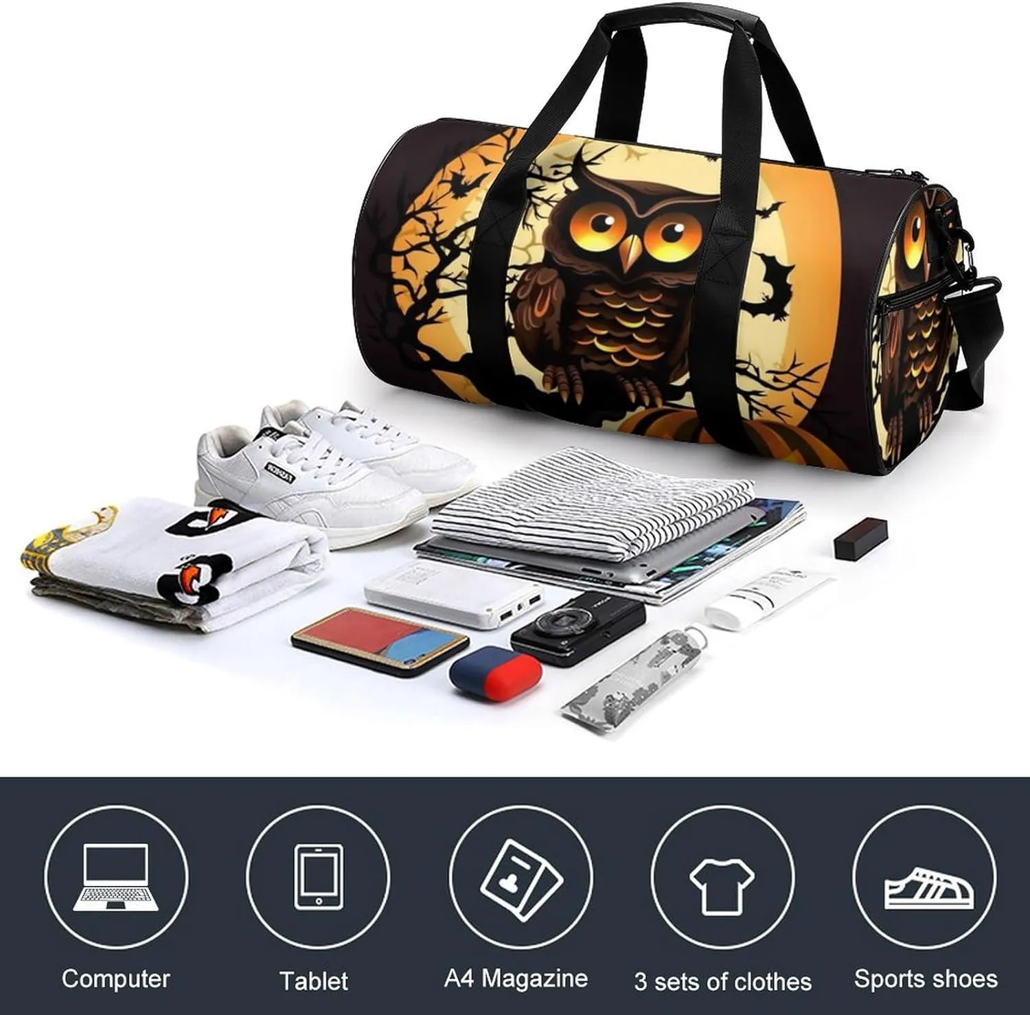 Gym Bags for Men Women Black Tree Owl Pumpkin Head Duffle Bag Travel Overnight Bag with Shoe Compartment Tote Bags