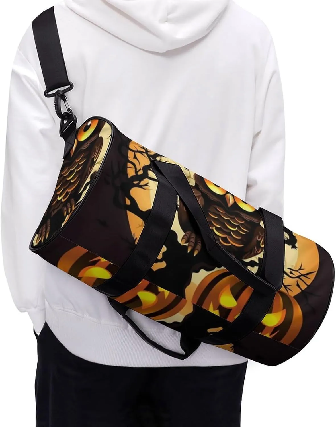 Gym Bags for Men Women Black Tree Owl Pumpkin Head Duffle Bag Travel Overnight Bag with Shoe Compartment Tote Bags