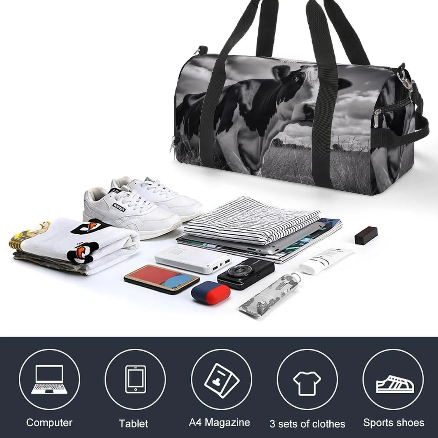 Gym Bags for Men Women Cow on Grass Duffle Bag Travel Overnight Bag with Shoe Compartment Tote Bags