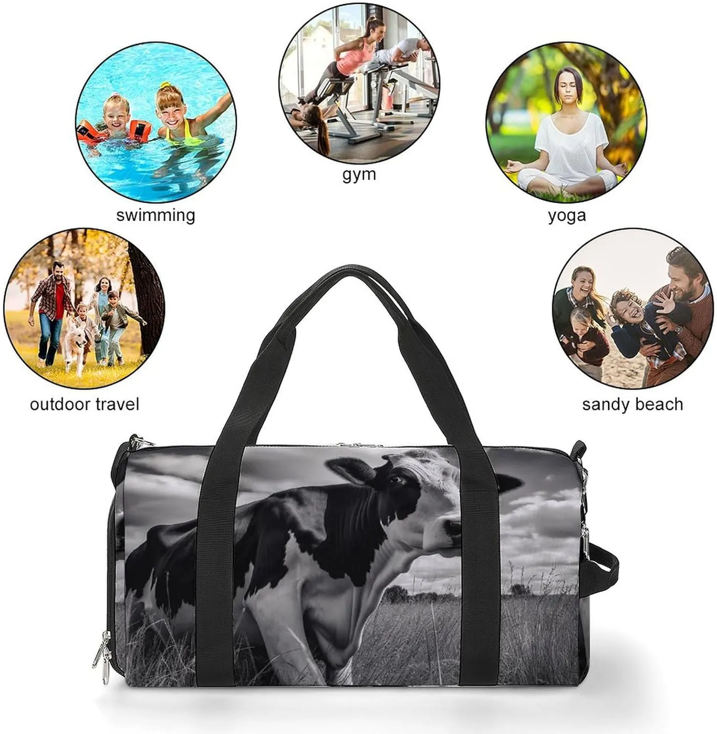 Gym Bags for Men Women Cow on Grass Duffle Bag Travel Overnight Bag with Shoe Compartment Tote Bags