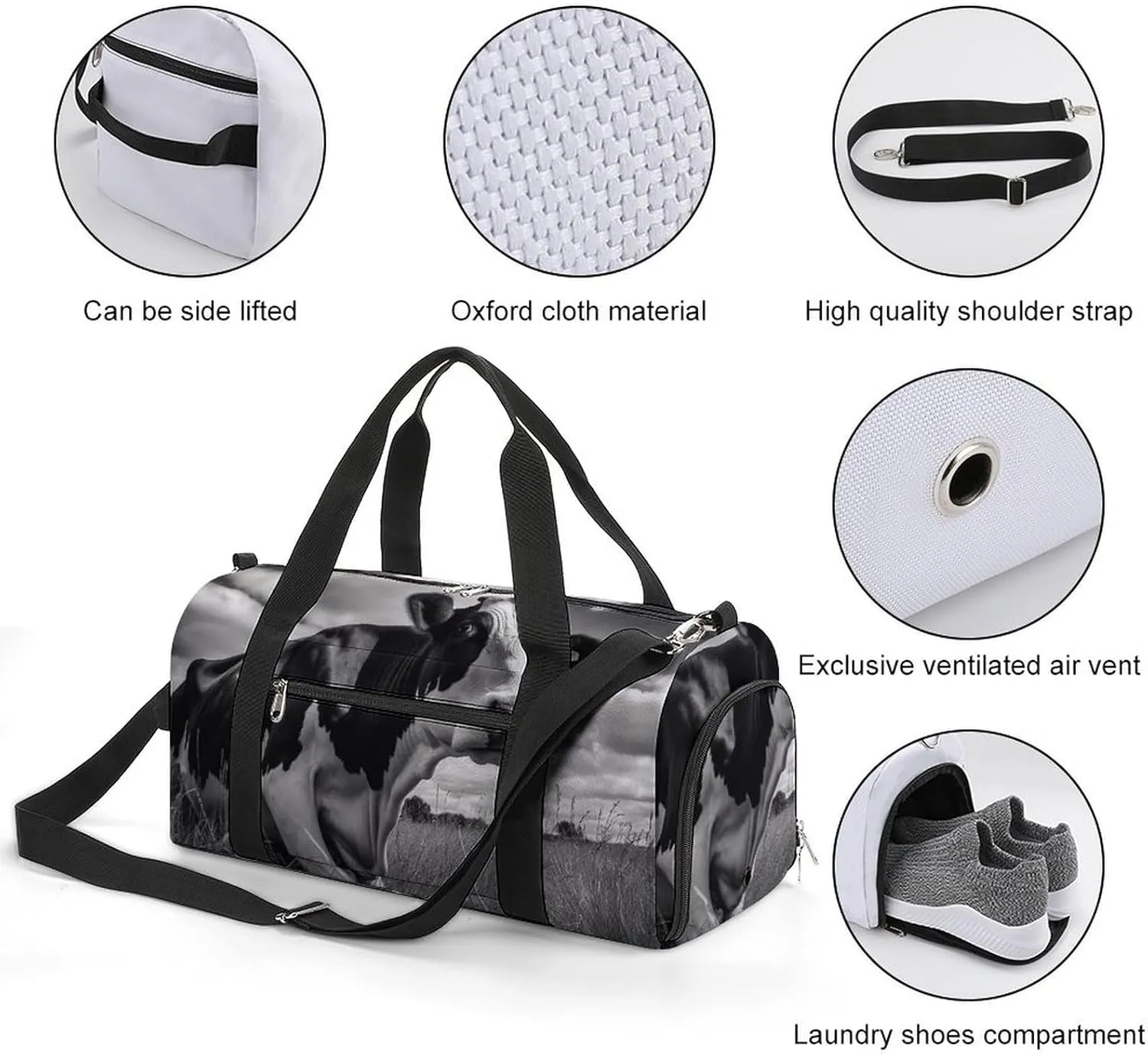 Gym Bags for Men Women Cow on Grass Duffle Bag Travel Overnight Bag with Shoe Compartment Tote Bags