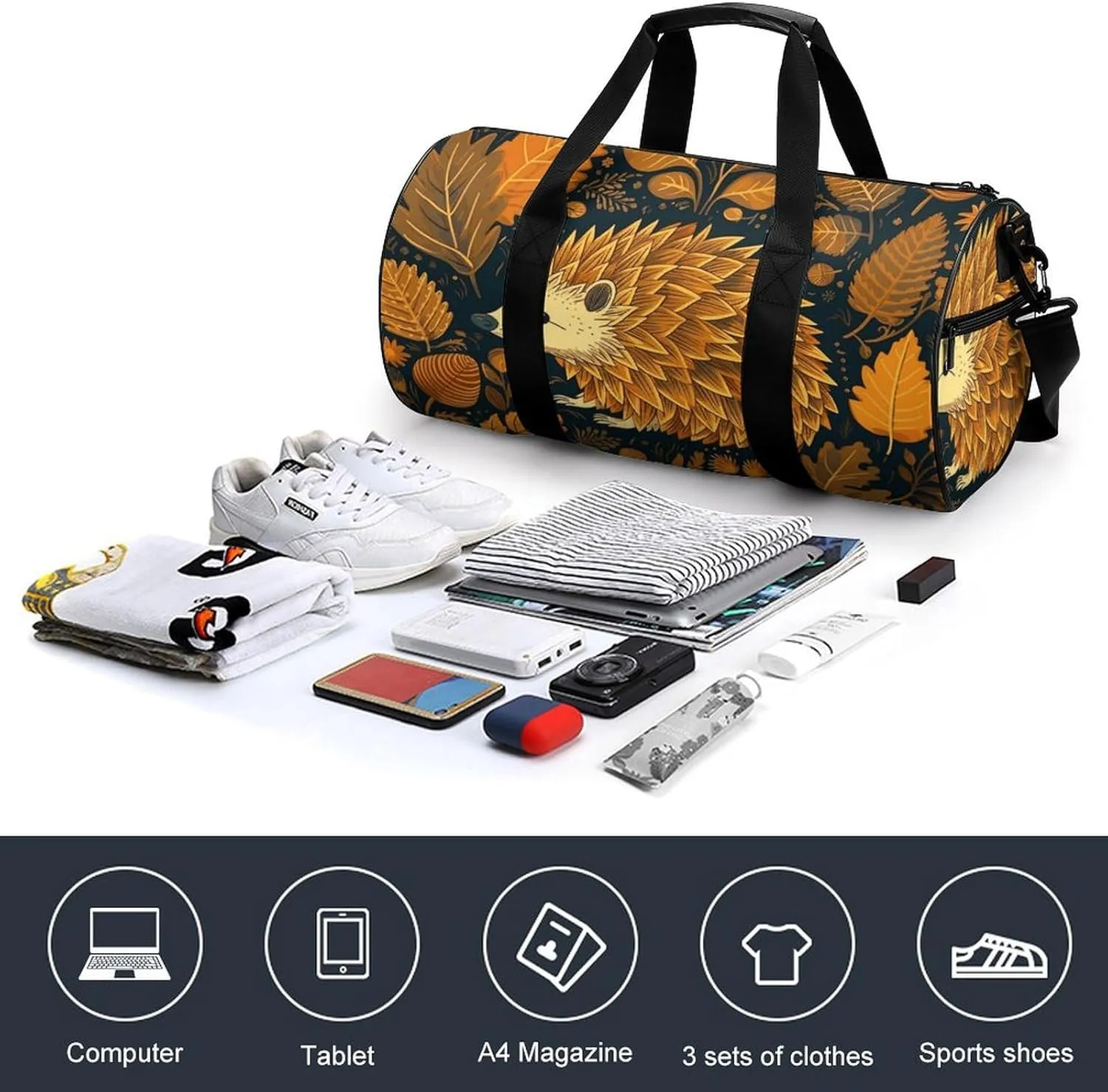 Gym Bags for Men Women Cute Hedgehog Duffle Bag Travel Overnight Bag with Shoe Compartment Tote Bags