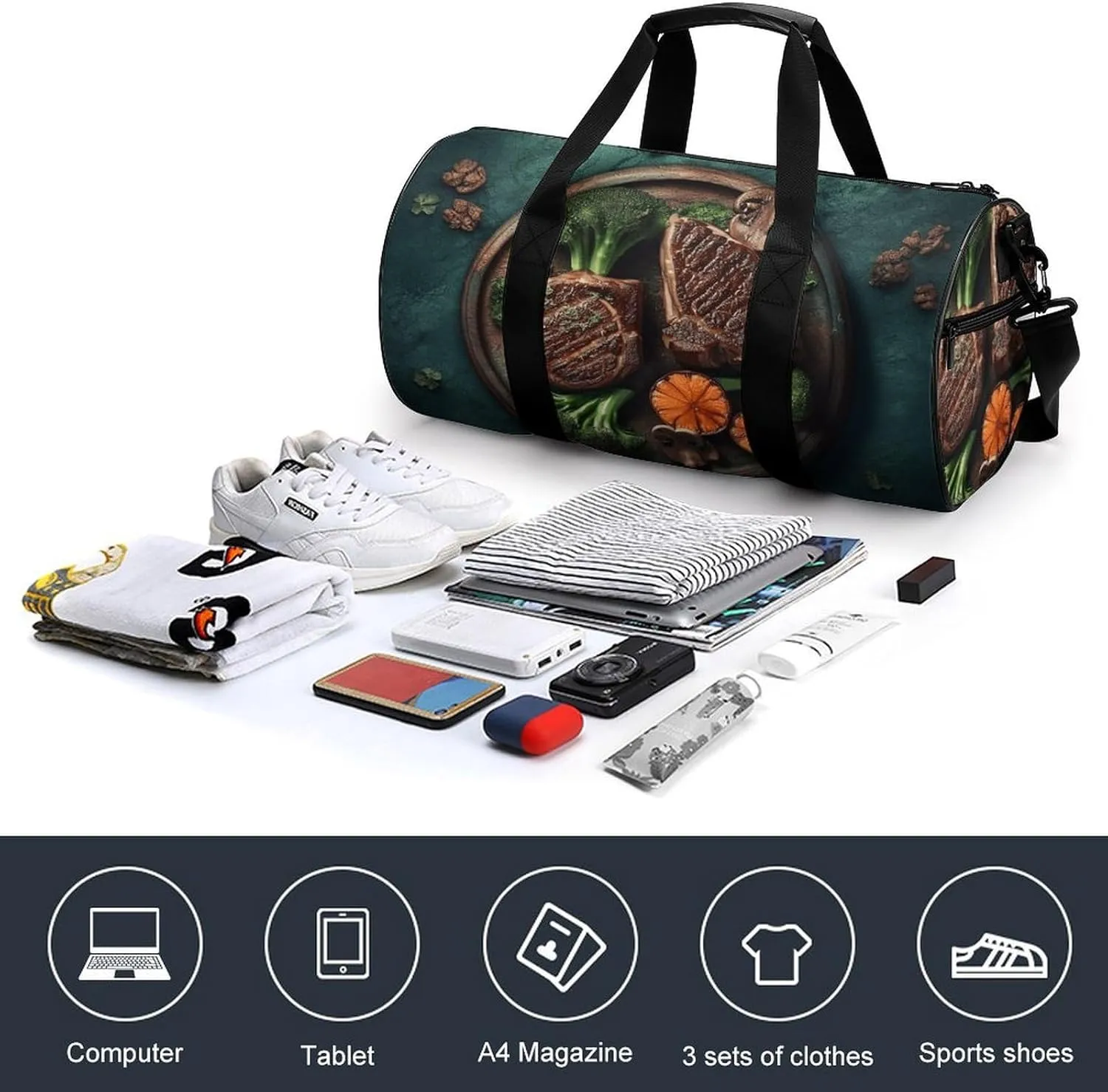 Gym Bags for Men Women Delicious Grilled Meat Duffle Bag Travel Overnight Bag with Shoe Compartment Tote Bags