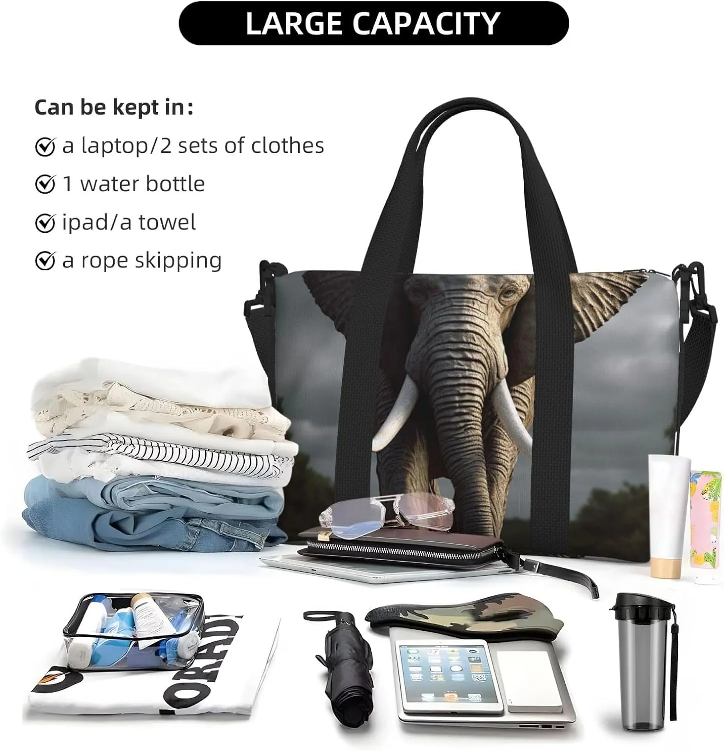 Gym Bags Small 3D Elephant Duffel Bag Overnight Bag with Shoe Compartment Carryon Bag for Men Women