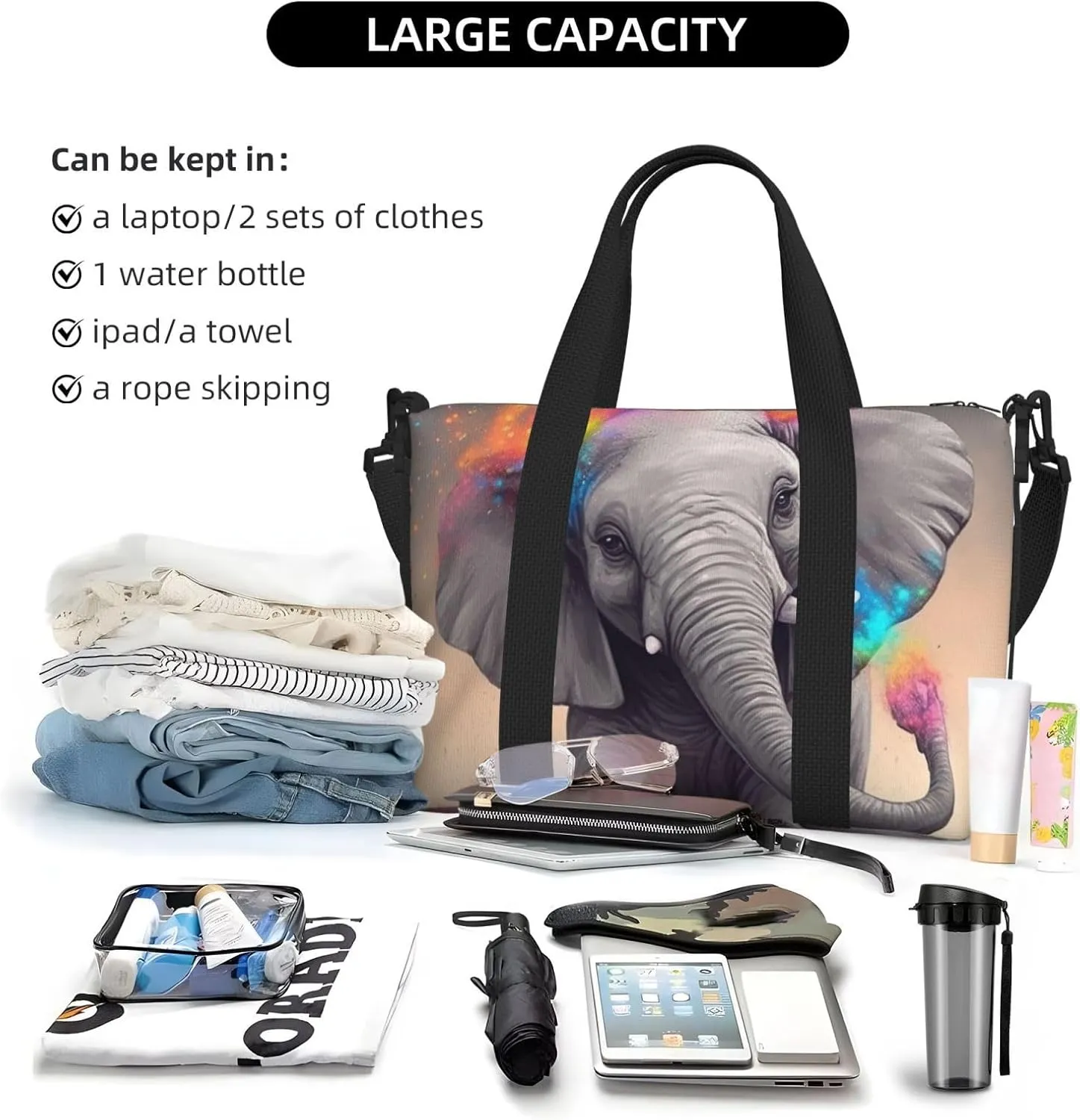 Gym Bags Small Animal Cartoon Elephant Duffel Bag Overnight Bag with Shoe Compartment Carryon Bag for Men Women