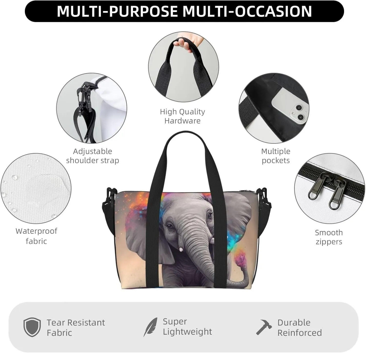 Gym Bags Small Animal Cartoon Elephant Duffel Bag Overnight Bag with Shoe Compartment Carryon Bag for Men Women