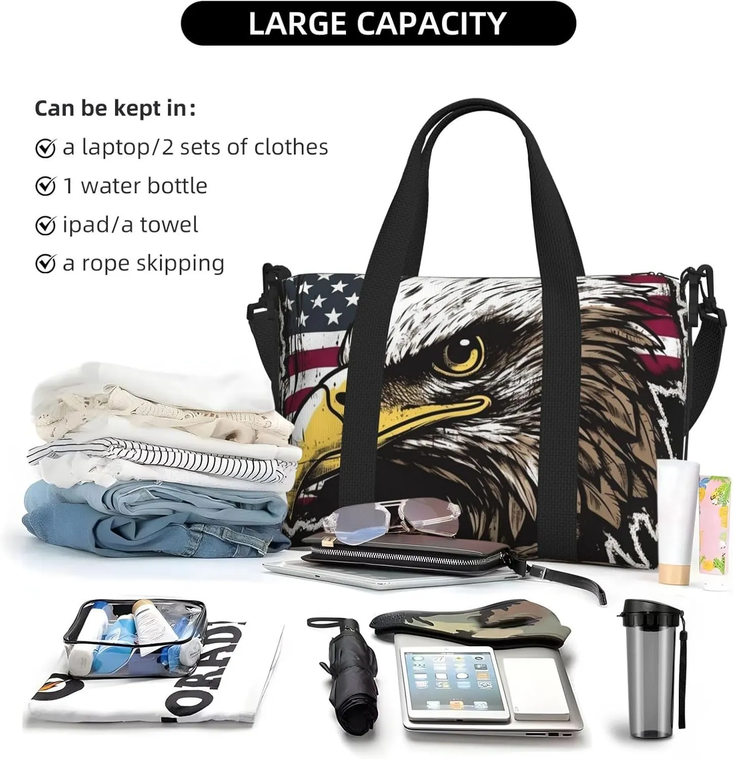 Gym Bags Small Cool American Flag Eagle Duffel Bag Overnight Bag with Shoe Compartment Carryon Bag for Men Women