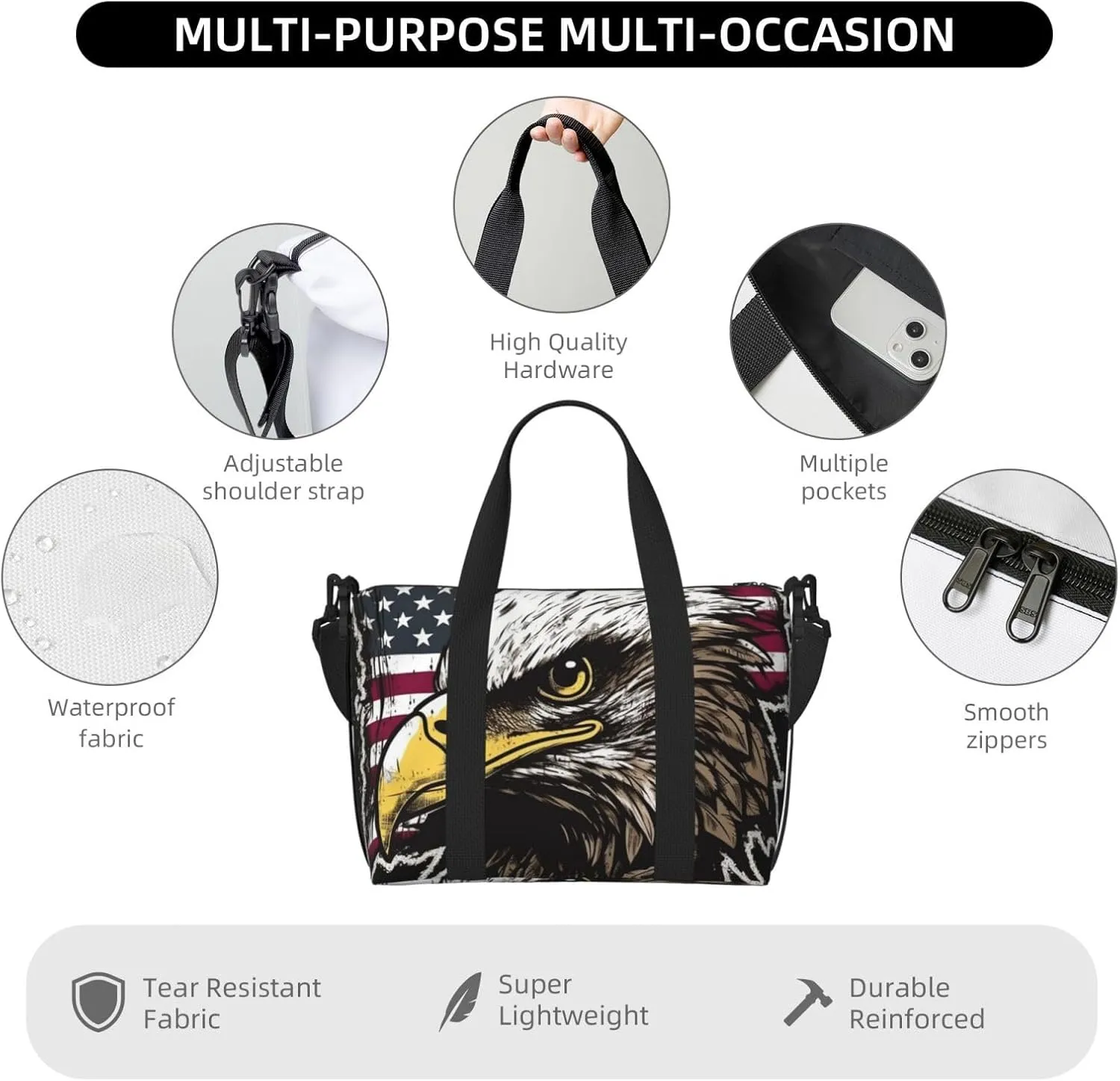 Gym Bags Small Cool American Flag Eagle Duffel Bag Overnight Bag with Shoe Compartment Carryon Bag for Men Women