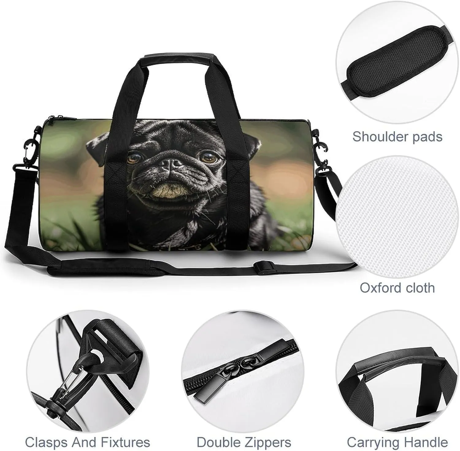 Gym Bags Small Cute Black Pug Dog Duffel Bag Overnight Bag with Shoe Compartment Carryon Bag for Men Women