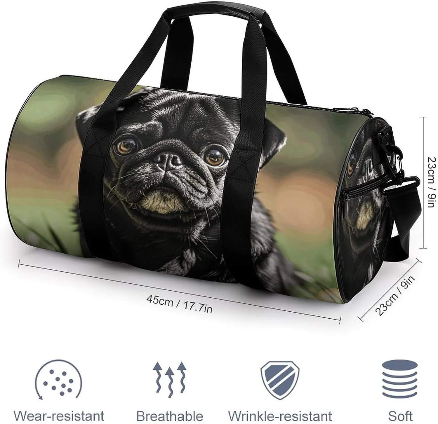 Gym Bags Small Cute Black Pug Dog Duffel Bag Overnight Bag with Shoe Compartment Carryon Bag for Men Women