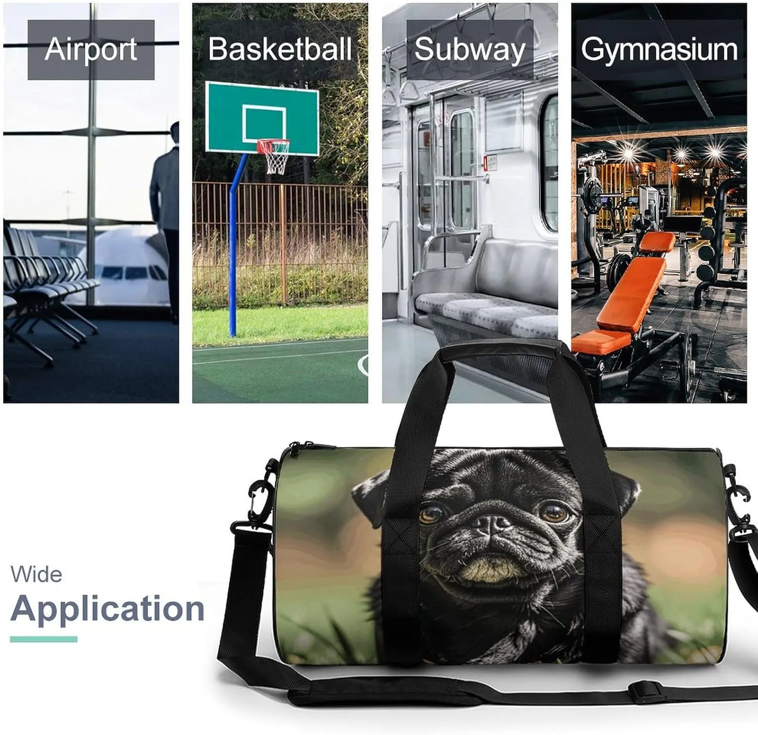 Gym Bags Small Cute Black Pug Dog Duffel Bag Overnight Bag with Shoe Compartment Carryon Bag for Men Women