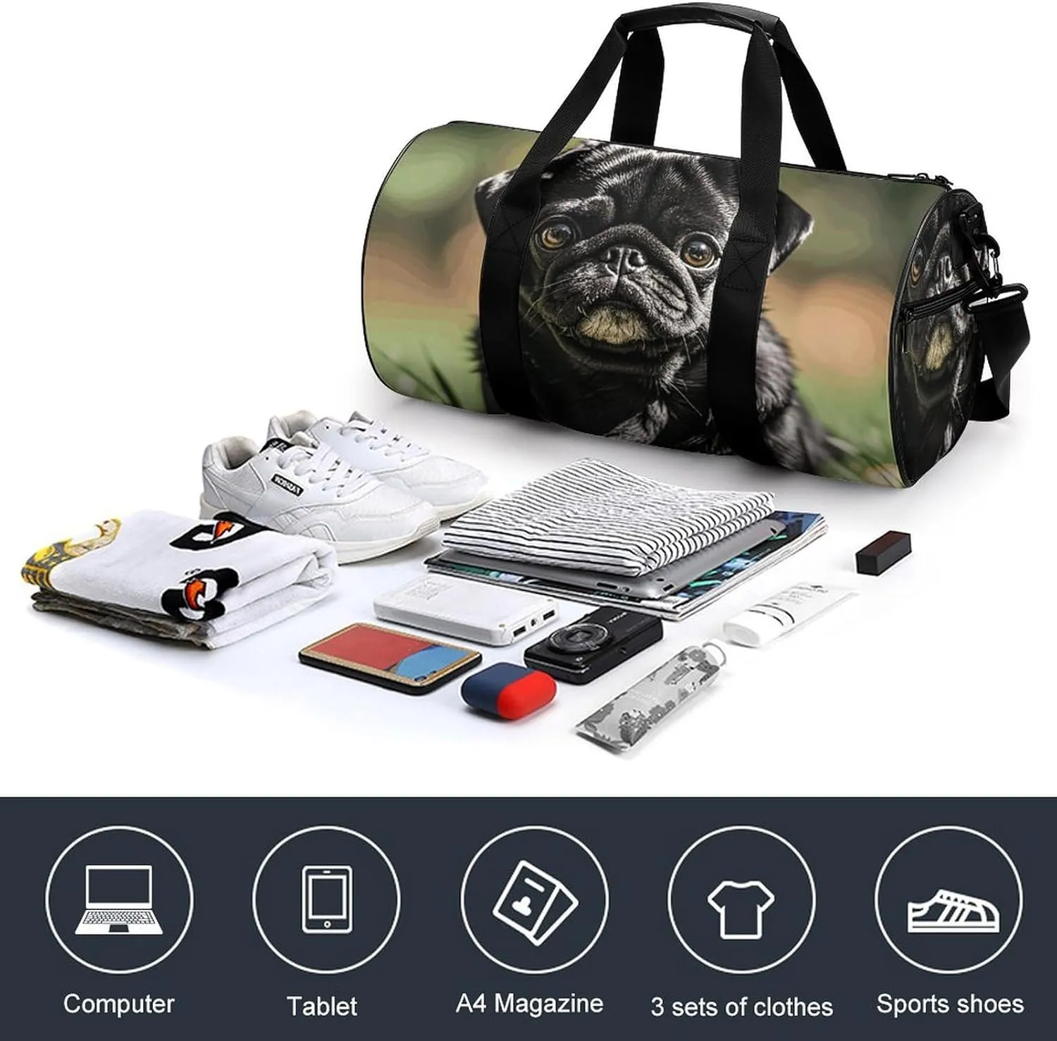 Gym Bags Small Cute Black Pug Dog Duffel Bag Overnight Bag with Shoe Compartment Carryon Bag for Men Women
